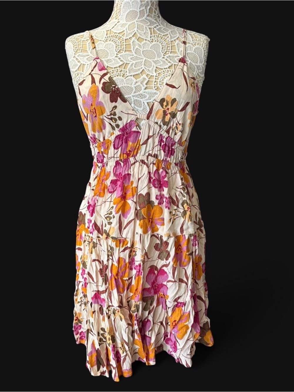 Angie Cream Mini Dress with Pink & Orange Floral Print